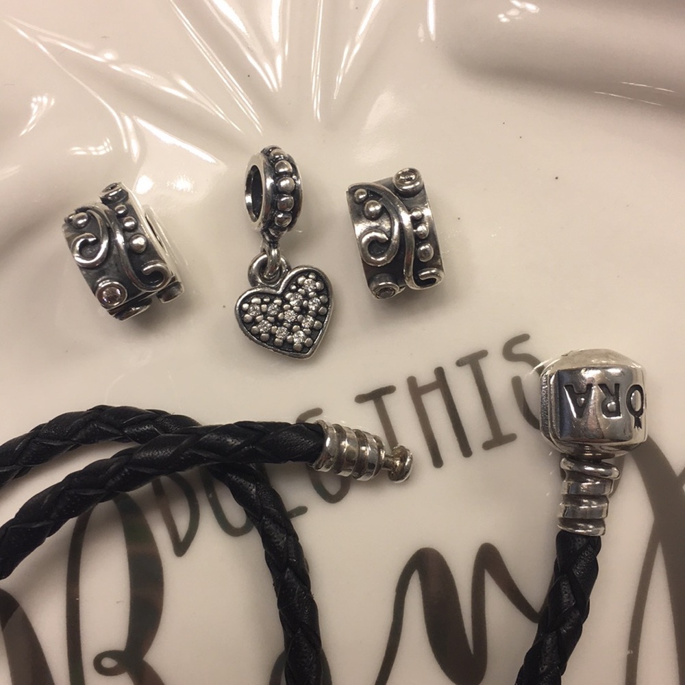 Pandora Leather Bracelet with 3 Pandora Charms